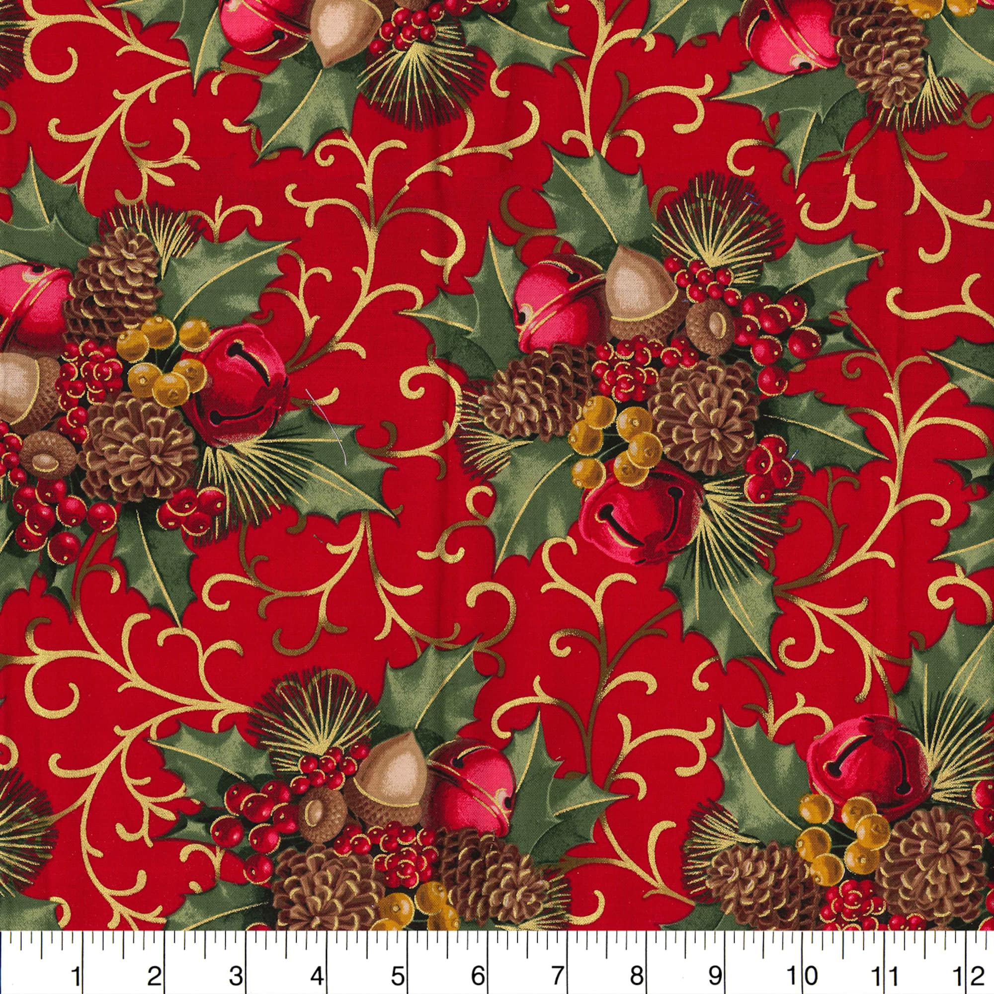 Fabric Traditions Christmas Red Glitter Berries & Bells Cotton Fabric